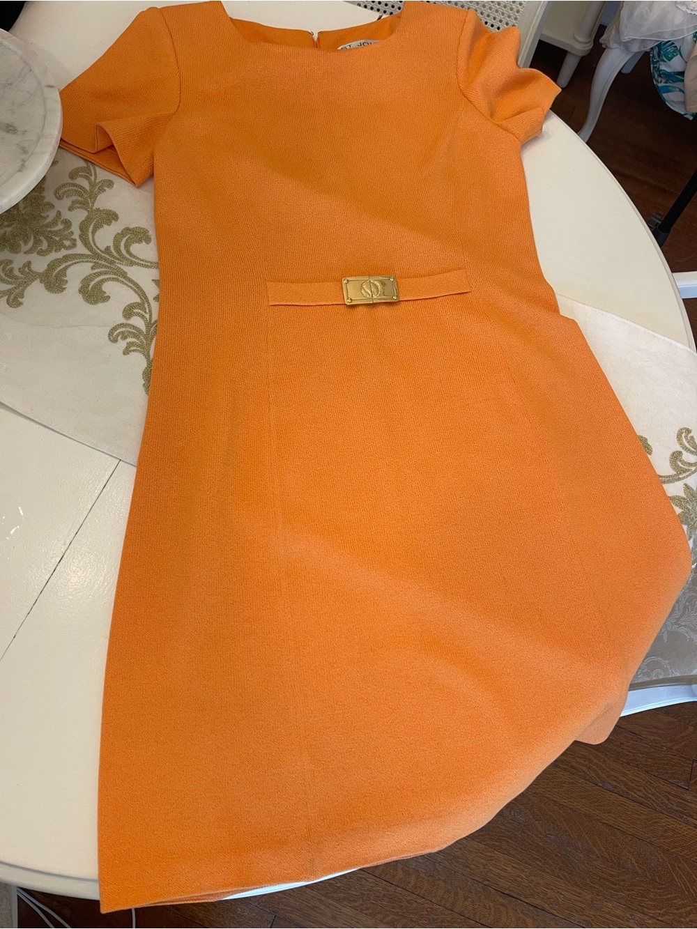 St. John Collection Marie Gray Orange Short-Sleeve Belted Signature Knit Dress